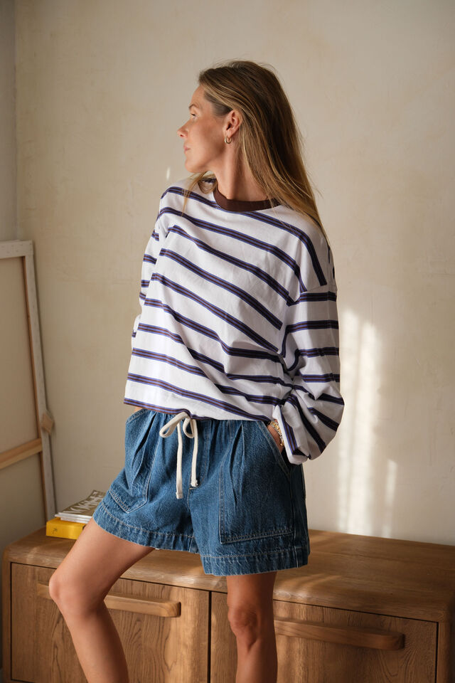 Beau Long Sleeve Slouchy Tee, WHITE/POLO CHOC STRIPE