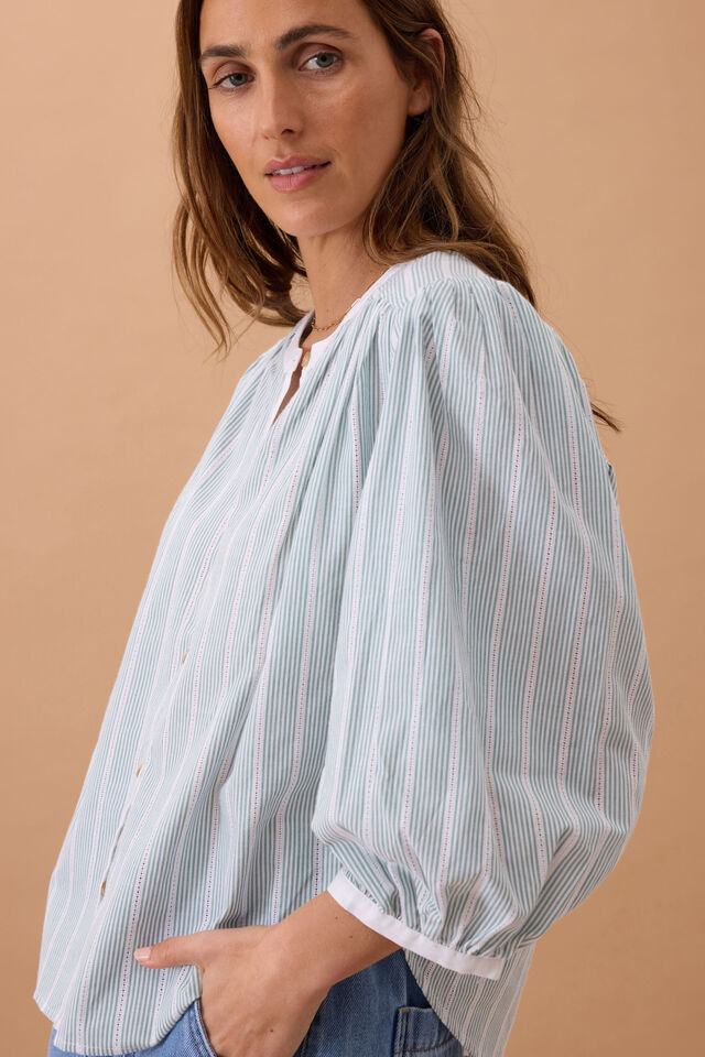 Woven Collarless Top, GREEN LADDER STRIPE