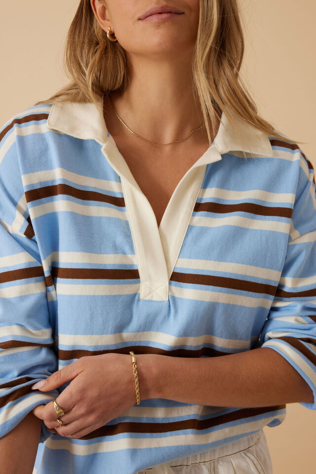 Shelby Slouchy Rugby Top, POWDER BLUE/TOFFEE STRIPE