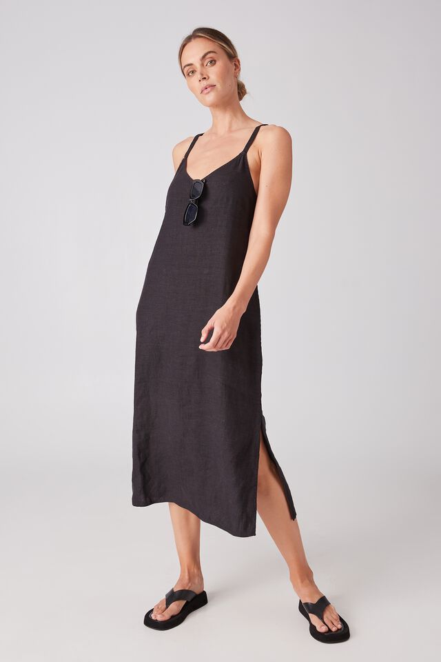 Slip Dress In Linen, BLACK