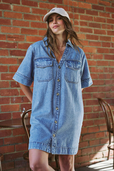 Relaxed Shirt Dress, VINTAGE BLUE