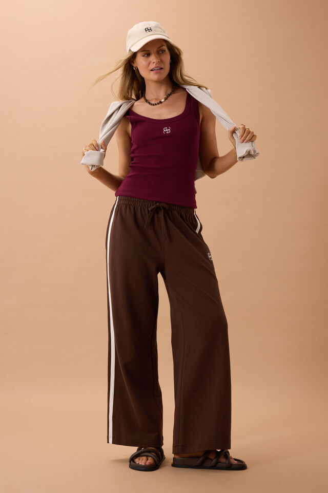 Gigi Wide Leg Terry Trackpant, CHOCOLATE SIDE STRIPE