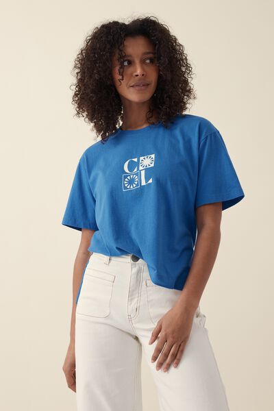 Slouchy Split Hem Tee, COBALT/WHITE CL