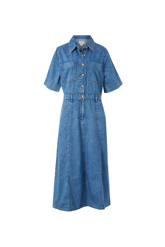 Short Sleeve Denim Maxi Shirt Dress, FRESH INDIGO DENIM