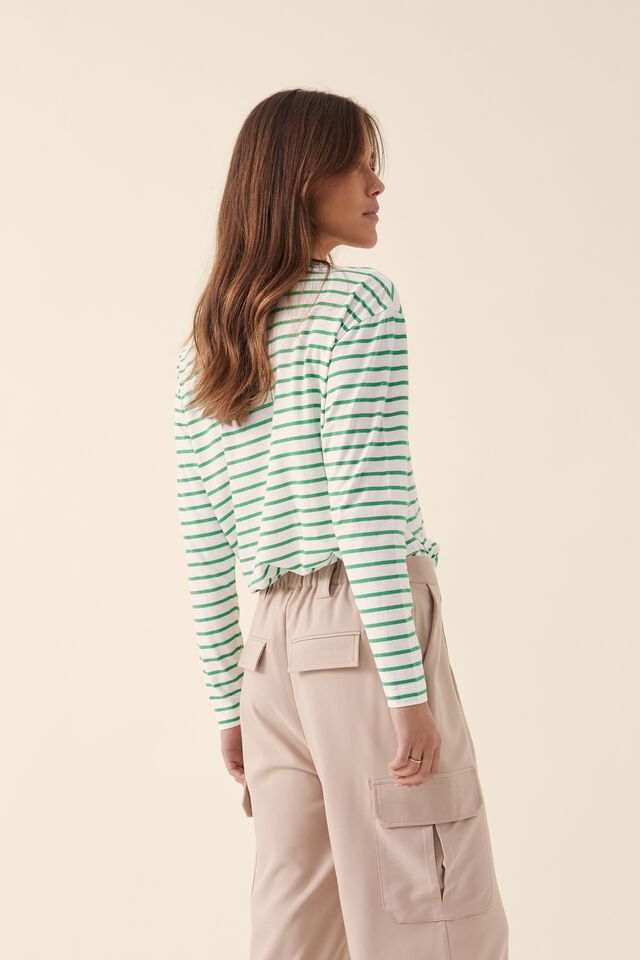 Slouchy Split Hem L/S Tee In Australian Cotton, VANILLA/GREEN SPLASH FINE STRIPE