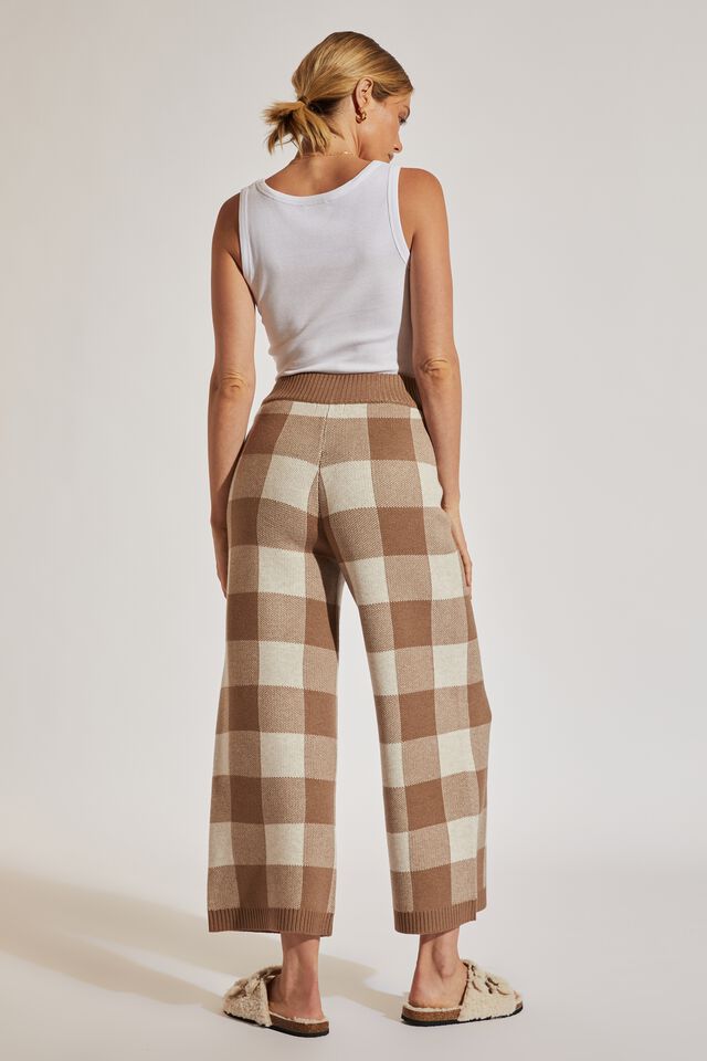 Soft Knit Wide Leg Pant In Recycled Blend, TAUPE OATMEAL CHECK