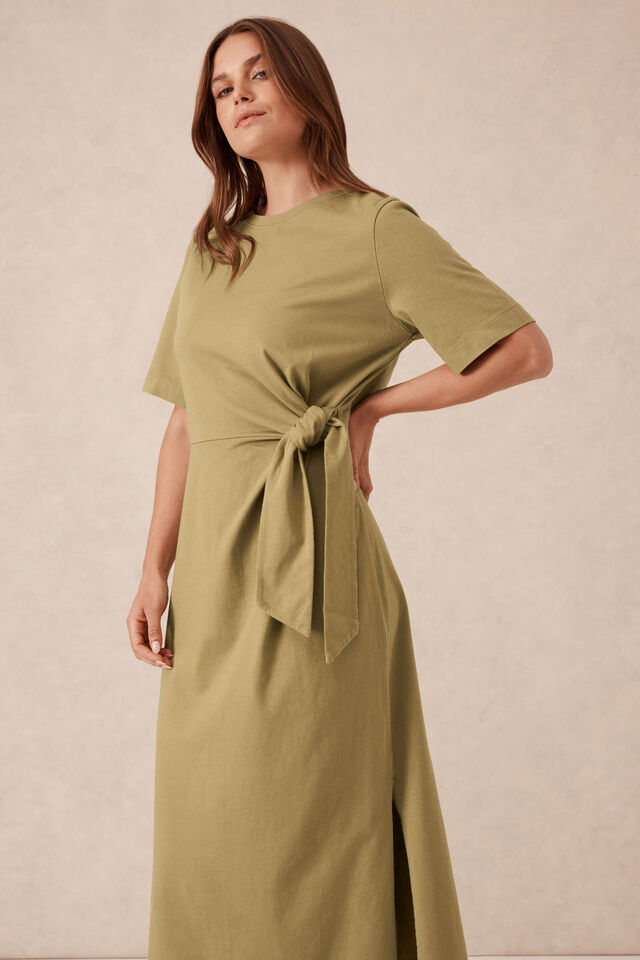 Tie Midi Tee Dress, FIG GREEN
