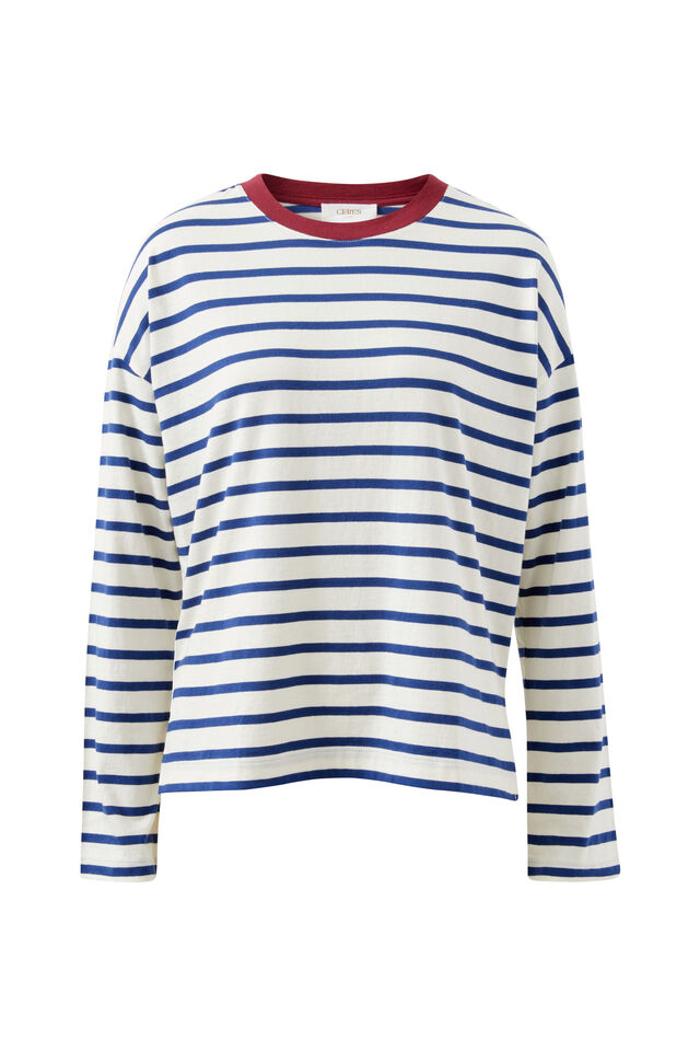Scout Slouchy Long Sleeve  Tee, MILK PRUSSIAN BLUE STRIPE
