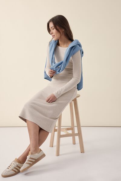 Contour Rib Wide Scoop Midi Dress, OATMEAL MARLE