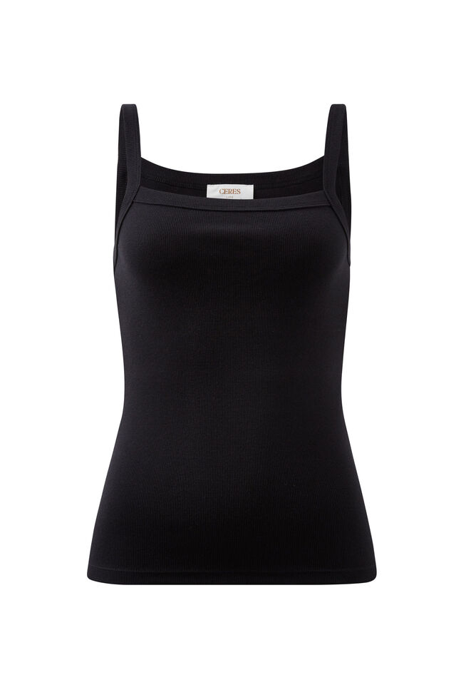 Square Neck Rib Singlet, BLACK