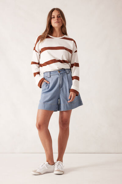 Billie Pleat Front Short, BLUE HERRINGBONE