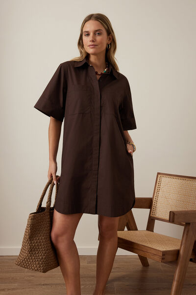 Sara Mini Shirt Dress, CHOCOLATE