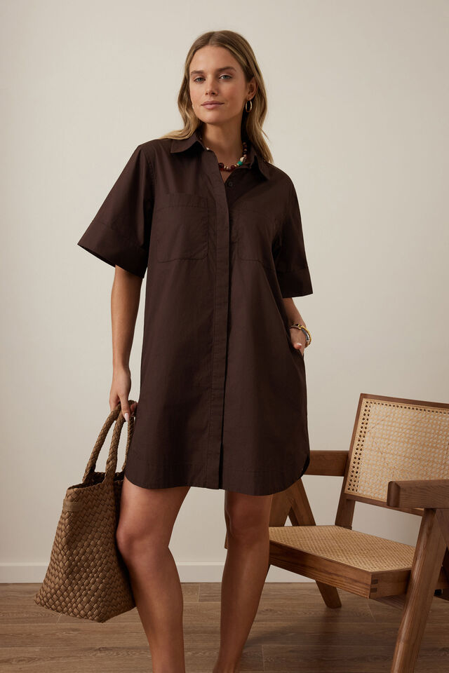 Sara Mini Shirt Dress, CHOCOLATE