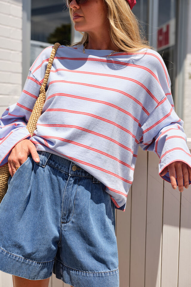 Beau Long Sleeve Slouchy Tee, CHINA BLUE/VINTAGE RED DOUBLE STRIPE