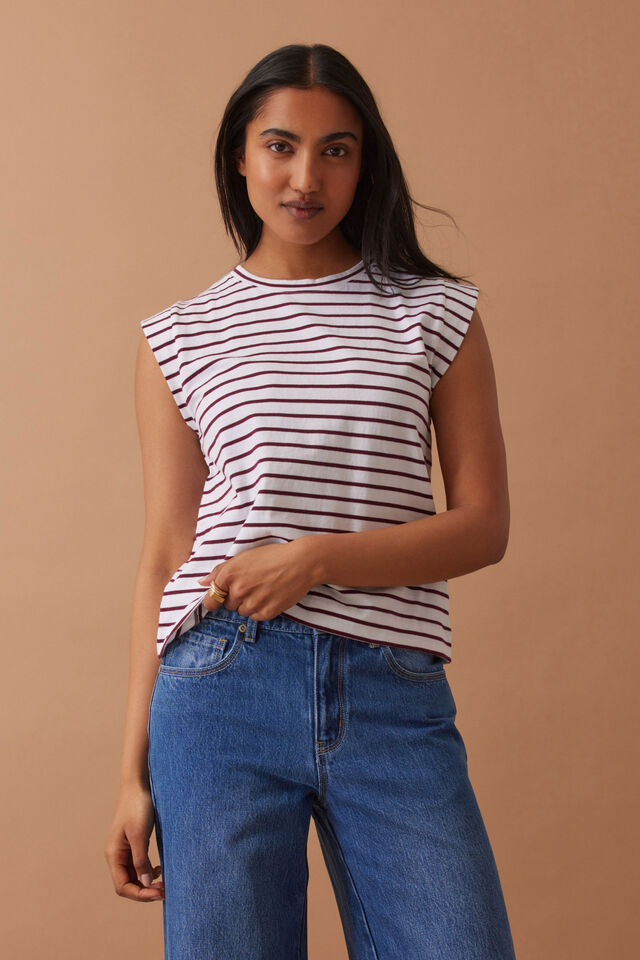 Extended Shoulder Tee, WHITE/POMEGRANATE STRIPE
