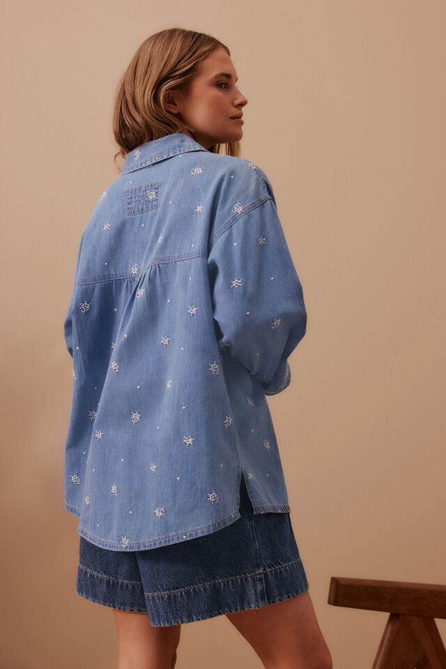 Embroidered Denim Shirt, VINTAGE BLUE FLOWER