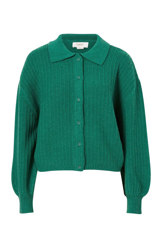 Soft Cropped Collared Cardigan In Recycled Blend, LAWN GREEN