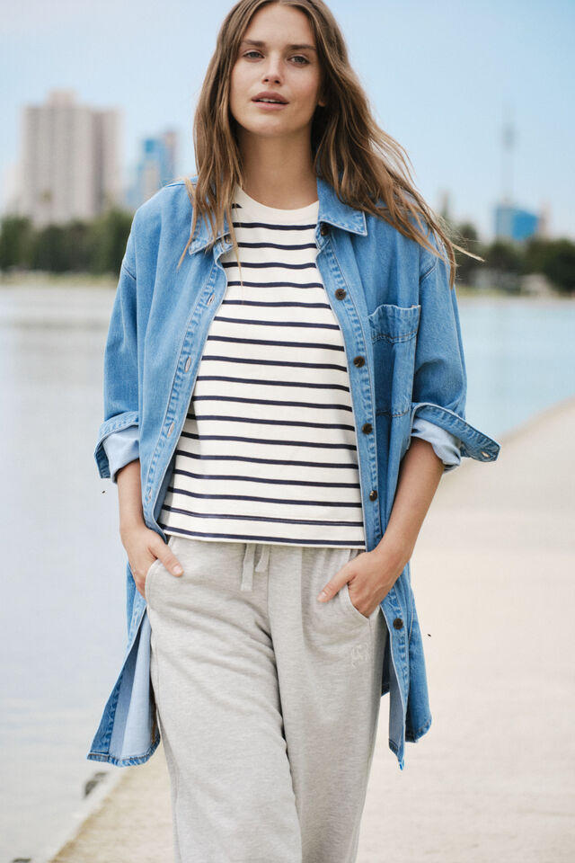 Maeve Longline Panelled Denim Shirt, MID VINTAGE BLUE