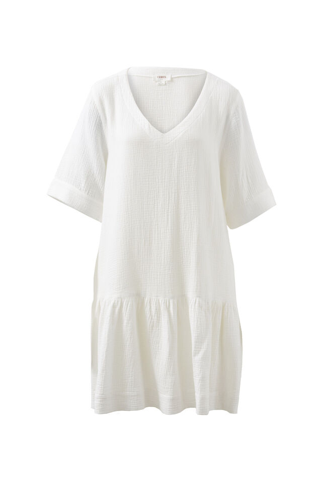 Short Sleeve Tunic Mini Dress, WHITE