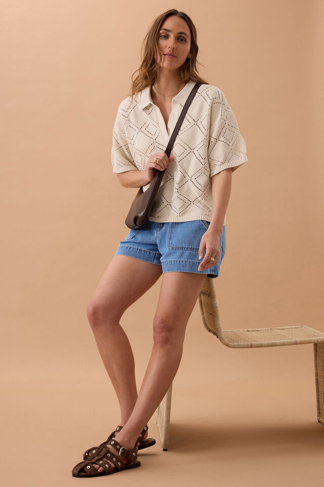 Demi Diamond Knit Collared Tee, ECRU