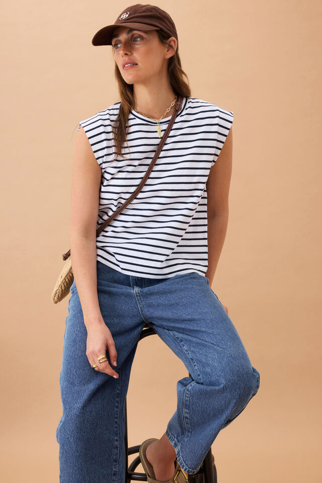 Extended Shoulder Tee, WHITE/FRENCH NAVY STRIPE