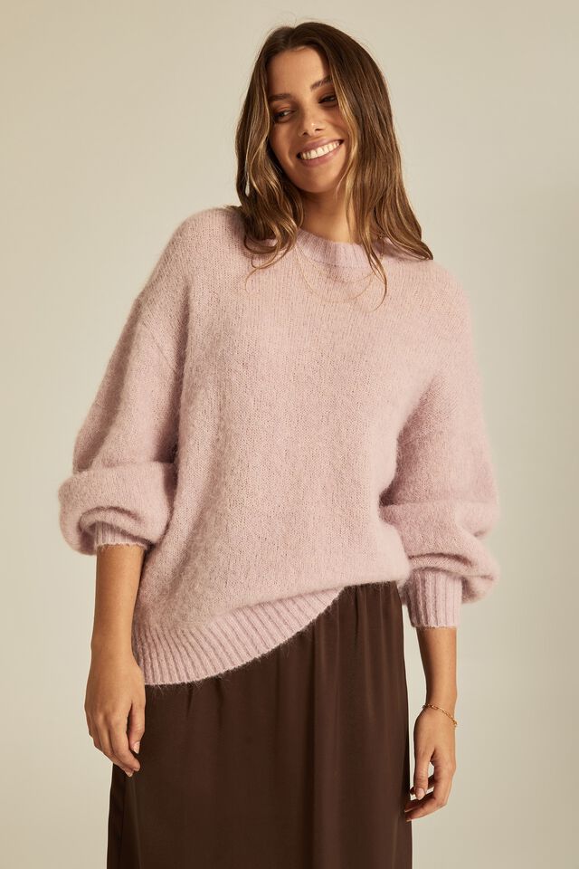 Bell Sleeve Crew Sweater In Alpaca Wool Blend, PINK