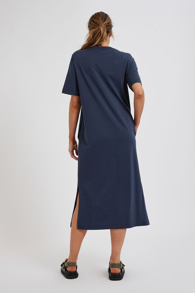 Short Sleeve Midi Dress In Organic Cotton, SMOKE BLUE