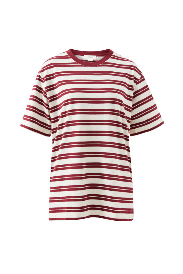 Lola Longline Step Hem Tee, BURGUNDY/MILK STRIPE