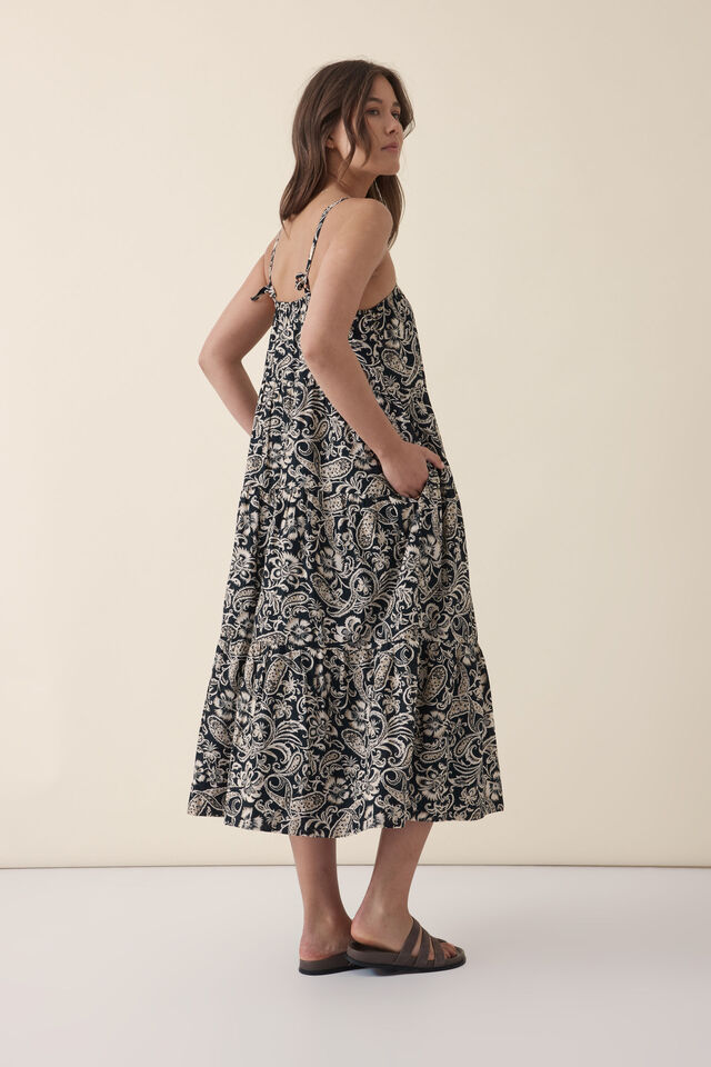 Strappy Tiered Midi Dress, BLACK PAISLEY FLORAL RESCUED FABRIC