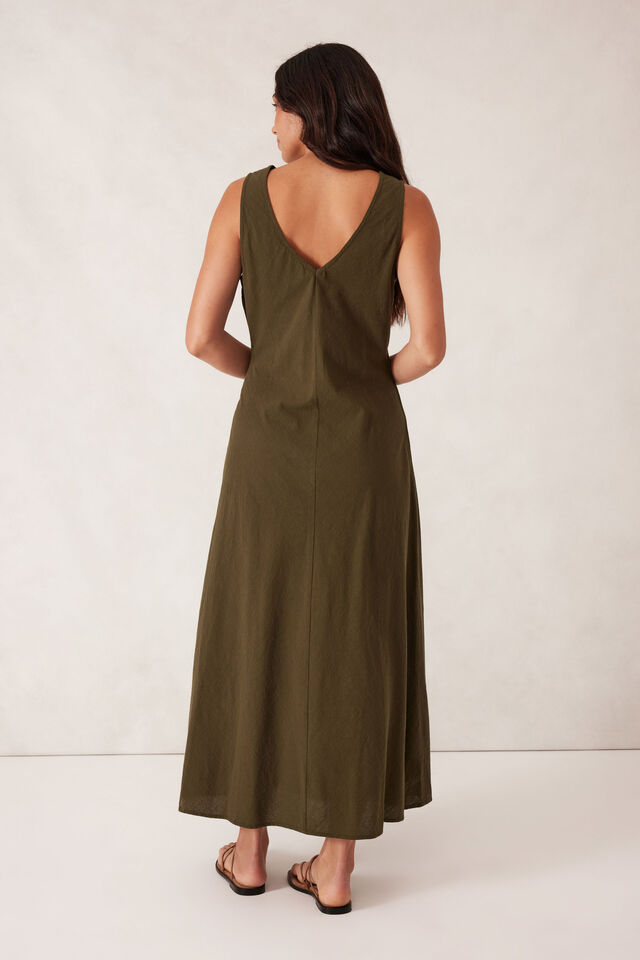 Bias Textured Cotton Midi Dress, DEEP OLIVE