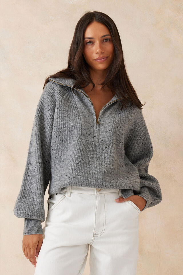 Slouchy Zip Knit, MID GREY NEP