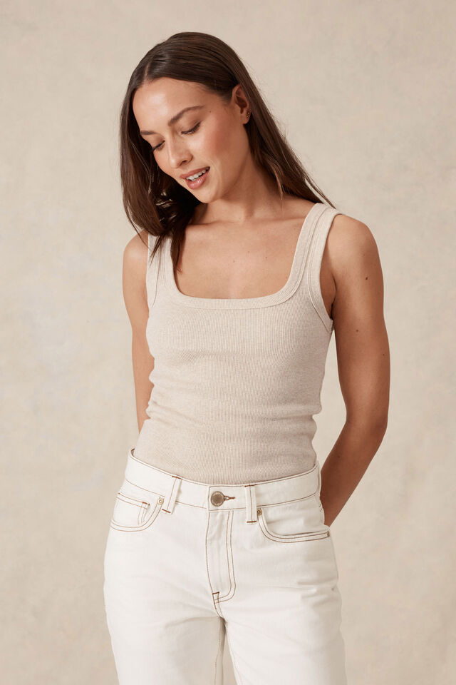 Contour Rib Square Neck Tank, OATMEAL MARLE