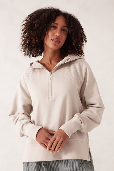 Raglan Half Zip Hoodie, ALMOND