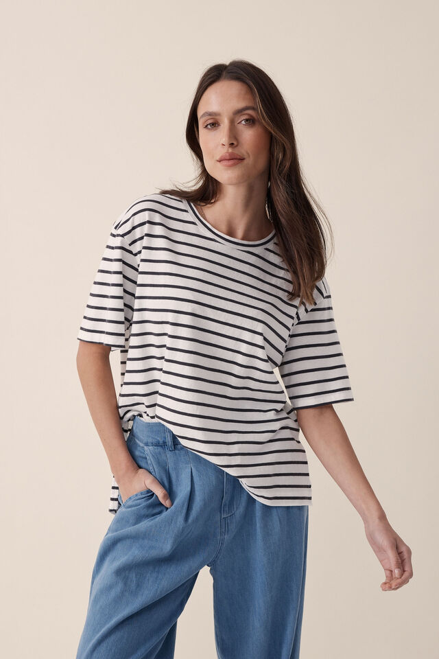 Slouchy Split Hem Tee In Australian Cotton, VANILLA /PHANTOM FINE STRIPE