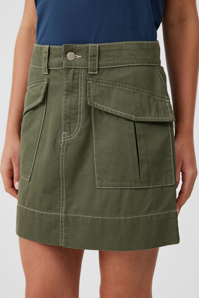 Utility Skirt In Organic Cotton Viscose Twill, MILITARY GREEN