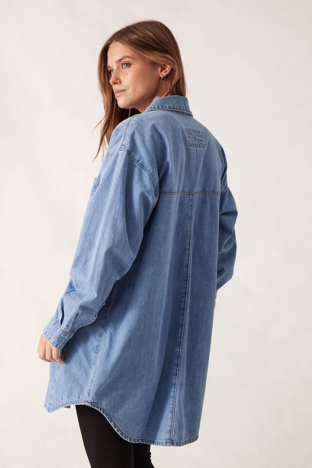 Maeve Longline Panelled Denim Shirt, MID VINTAGE BLUE