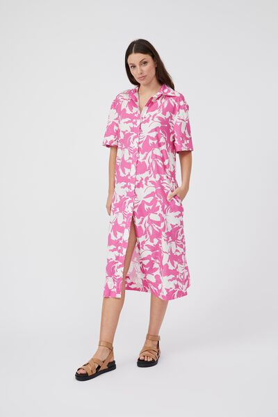 Emma Hawkins Shirt Dress In Organic Cotton Poplin, RASPBERRY ROSE FLORAL