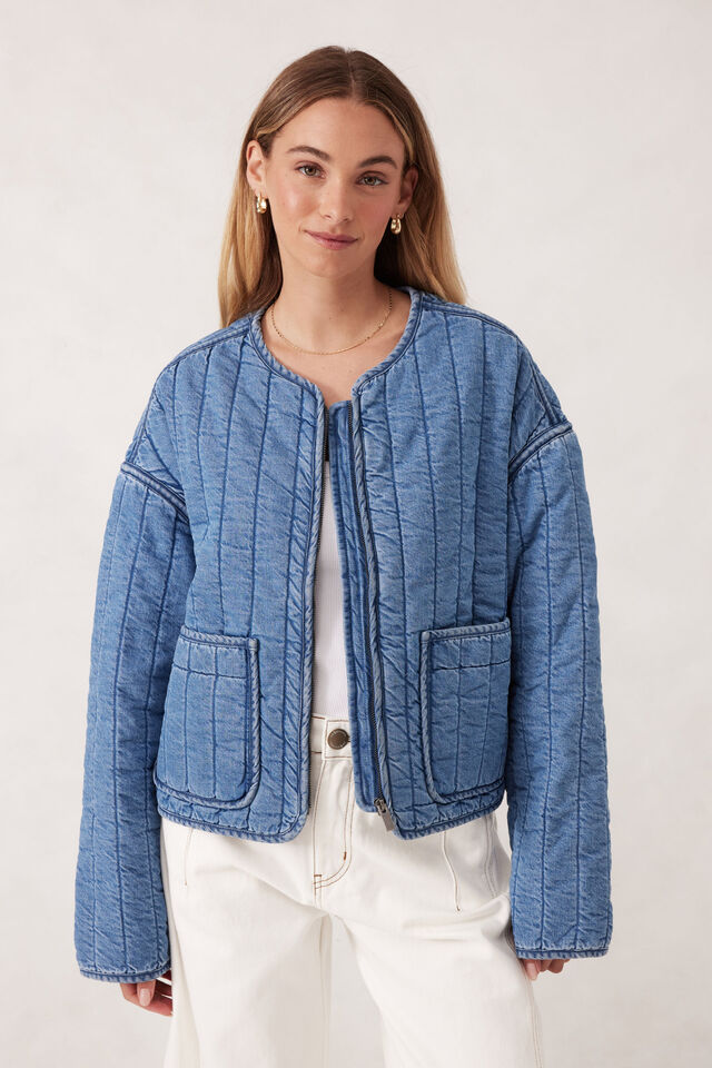 Comfy Quilted Boxy Jacket, WORN BLUE DENIM