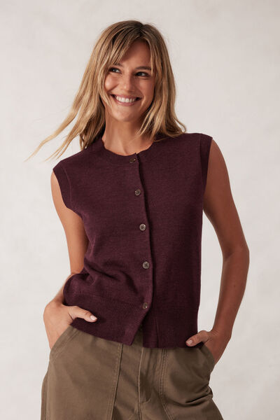 Soft Knit Button Vest, WINE