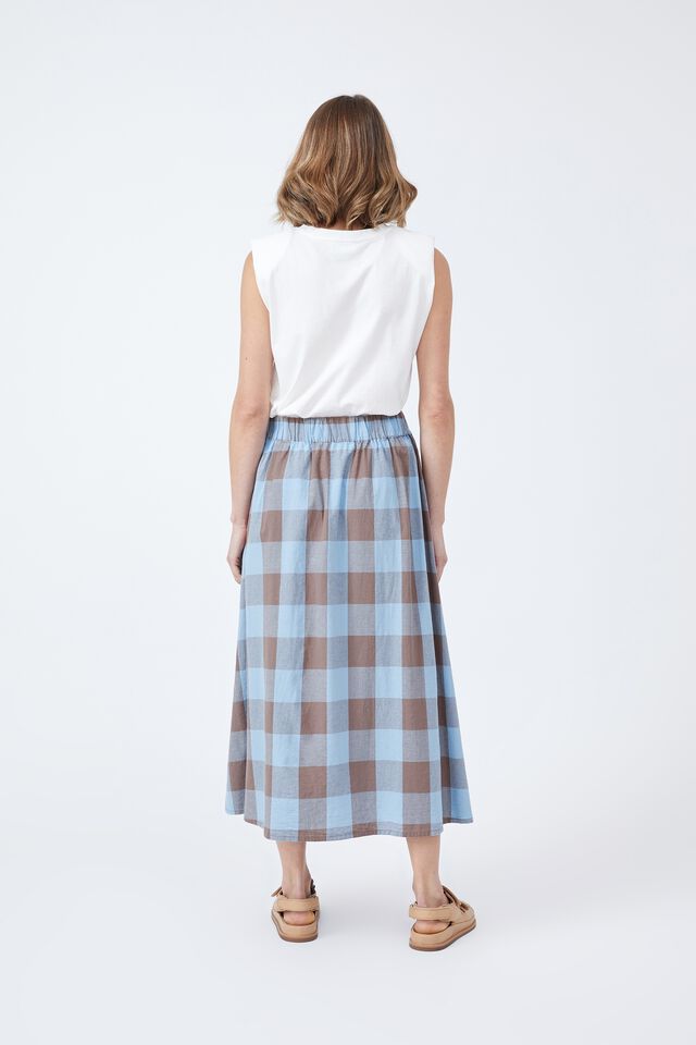 Midi Skirt In Cotton Linen Blend, BLUE SKY TAUPE GINGHAM