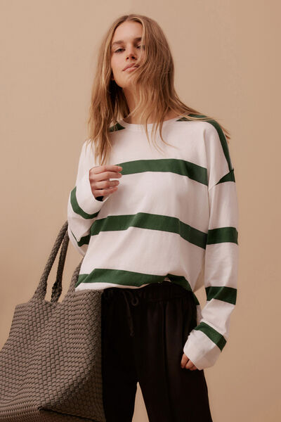 Scout Slouchy Long Sleeve  Tee, VANILLA PINE GREEN BOLD STRIPE