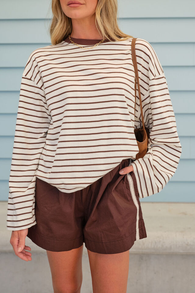 Beau Long Sleeve Slouchy Tee, MILK/BRUNETTE BROWN STRIPE