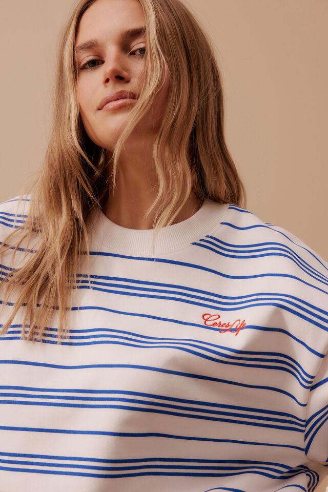 Cropped Slouchy Crew, WARM WHITE BLUE AZURE STRIPE