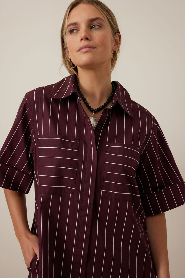 Sara Mini Shirt Dress, WINE PINSTRIPE