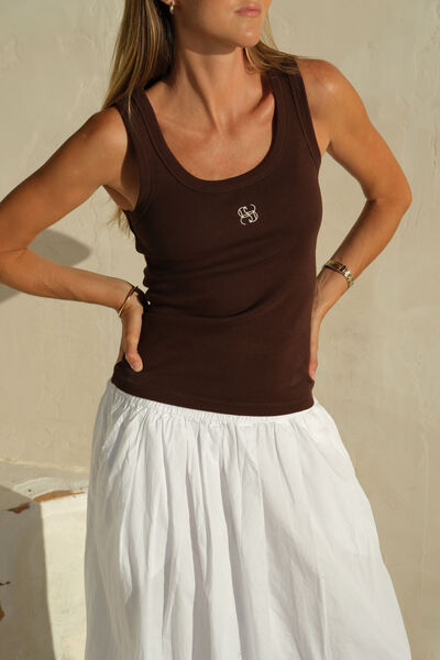 Zoe Contour Rib Scoop Tank, CHOCOLATE/MONOGRAM EMBROIDERY