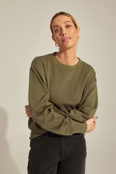 Slim Crew Embroidered Sweat In Organic Cotton, SOFT OLIVE