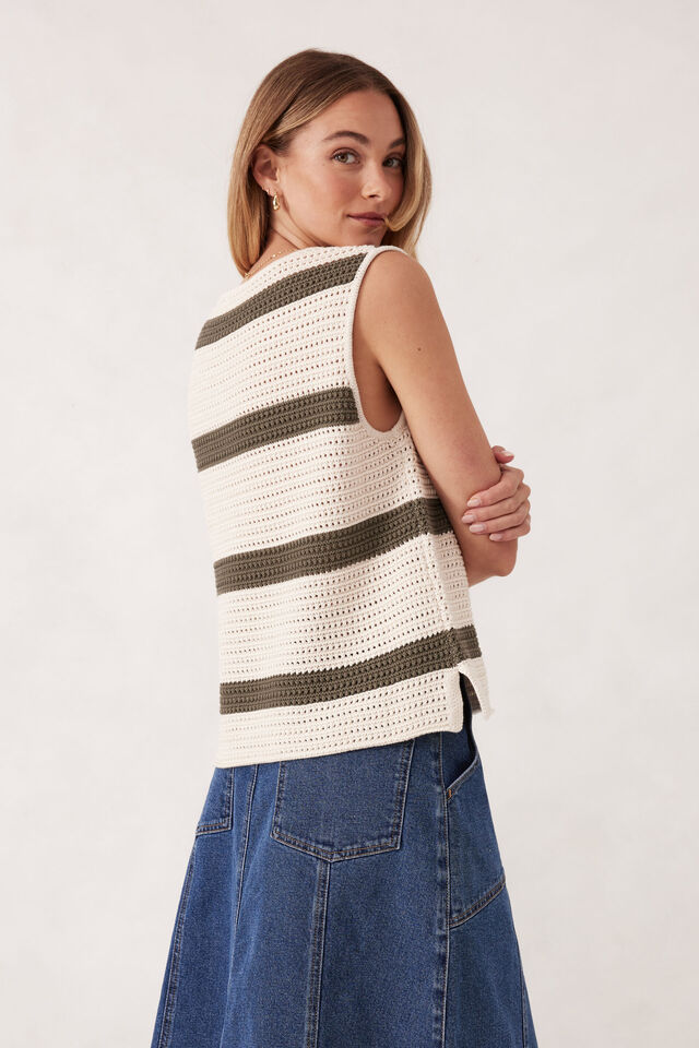Margot Mesh Knit Tank, ECRU/SOFT OLIVE STRIPE