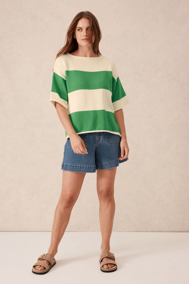 Boxy Knit Tee, GRASS/EGGSHELL BOLD STRIPE