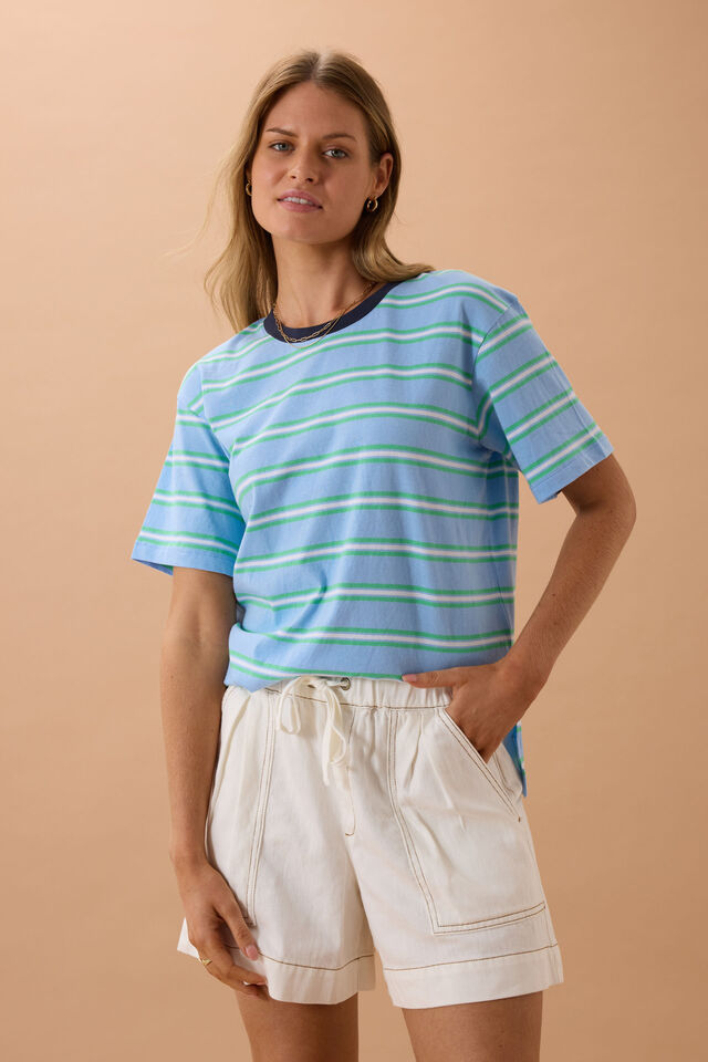 Stevie Slouchy Tee, POWDER/ZESTY GREEN STRIPE