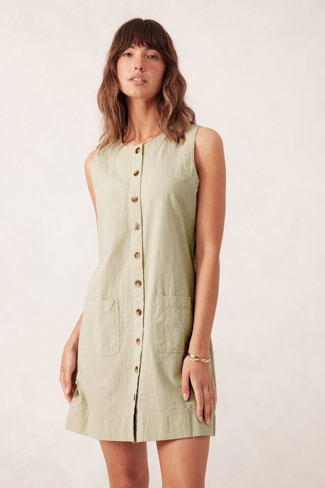 Button Through Mini Shift Dress, MATCHA